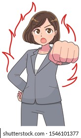 Portrait of a business woman. She is motivated while sticking out her fist. With a flaming effect.