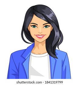 Portrait of a business young woman. The girl is smiling. Illustration isolated on white background in cartoon style. Brunette girl, happy and energetic in blue clothes. Vector, stock.