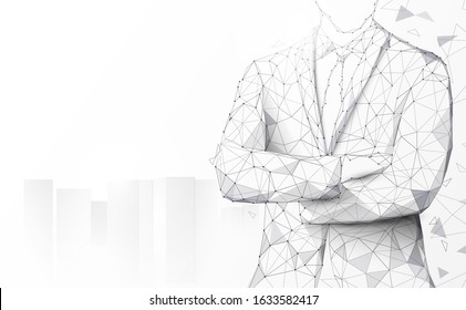 Portrait of businessman in full suit keeping arms crossed on abstract city