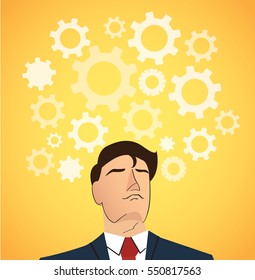 Portrait of businessman with gears icon background. 