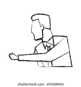 portrait of businessman gesturing shows something