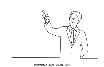 Portrait of a businessman with glasses pointing his finger away. Hand drawn vector illustration. Black and white.