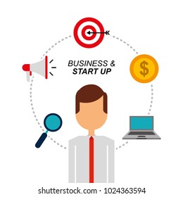 portrait businessman laptop money megaphone target and magnifier