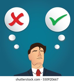 Portrait of businessman make decision , true or false vector 