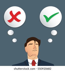 Portrait of businessman make decision , true or false vector 