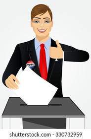 portrait of businessman putting ballot in vote box and giving thumbs up on white background