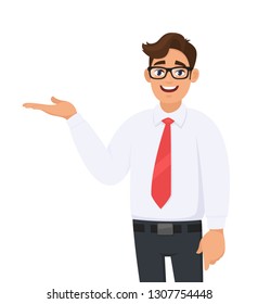 Portrait of businessman showing/pointing hand to copy space side away with open palm, concept of advertisement product, introduce something. Man shows presenting gesture or sign. Cartoon illustration.