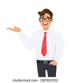 Portrait of businessman showing/pointing hand to copy space side away, hand in pant's pocket, advertisement product or introduce something. Man shows presenting gesture or sign. Cartoon illustration.