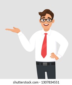 Portrait of businessman showing/pointing hand to copy space side away, hand on hip, concept of advertisement product or introduce something. Man shows presenting gesture or sign. Cartoon illustration.