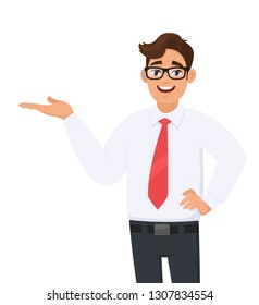 Portrait of businessman showing/pointing hand to copy space side away, hand on hip, concept of advertisement product or introduce something. Man shows presenting gesture or sign. Cartoon illustration.
