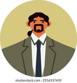 Portrait of a businessman wearing a suit and tie, featuring long dark hair styled in a ponytail and a distinctive goatee, conveying professionalism and individual style