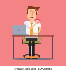 Portrait of a businessman at work suffering from shoulder pain. vector illustration.