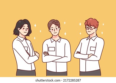 Portrait of businesspeople in uniform with badges showing confidence and professionalism. Workers in white shirts with IDs at workplace. Employment concept. Vector illustration. 