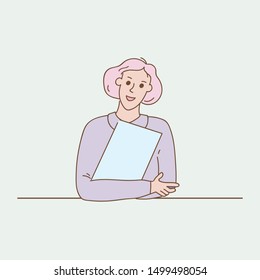 Portrait of businesswoman with file, documents. Young girl at office. Hand drawn characters, doodle vector  illustrations. 