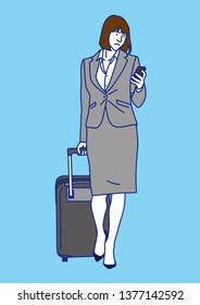 portrait businesswoman walking with carry bag while  using smart phone,  Vector illustration