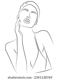 Portrait by line. Drawing of a woman. Artistic drawing of the female face line. Minimalistic feminine illustration for wall decor, print, poster, social networks. Abstract Women's Art.