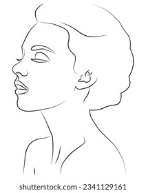 Retrato por línea. La cara de una joven con los ojos cerrados, dibujada en una línea. Retrato abstracto.
