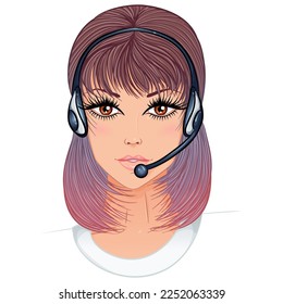 Portrait of call center operator brunette woman on support phone with headset. Color vector illustration in cartoon style isolated on white. Hotline Call center, helps online, feedback concept