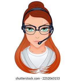 Portrait of call center operator redhead woman on support phone with headset and glasses. Color vector illustration in cartoon style isolated on white. Hotline, helps online, feedback concept