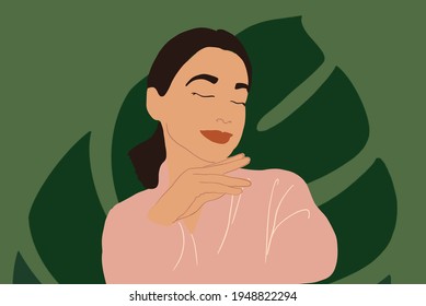 Retrato de una mujer tranquila y relajada con albornoz rosa y hoja verde en el fondo. SPA y rutina de bienestar. Ilustración vectorial.