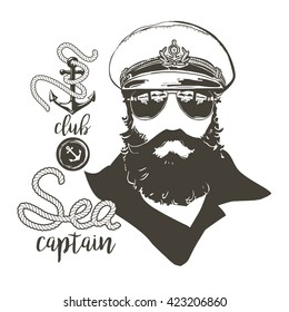  Portrait of captain. Beard, forage cap, sunglasses, anchor rope. Vector illustration Vintage nautical clubs and bars logo and emblems.