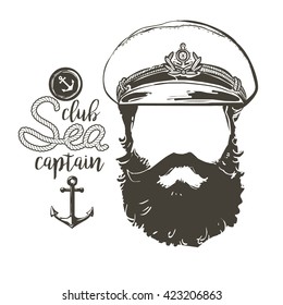  Portrait of captain. Beard, forage cap, sunglasses, anchor rope. Vector illustration Vintage nautical clubs and bars logo and emblems.