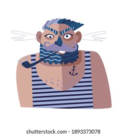 Portrait of the captain in a vest with a pipe and smoke. With an emotional expression. He has a tattoo in the shape of an anchor. Clothing in the form of a vest.