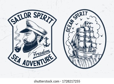 Portrait of captain. Vintage vector nautical badges. For t-shirt prints, posters and other uses.
