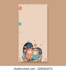 Portrait of Cartoon Arabian Couple Embracing With Leaves, Hearts Decorated On Pastel Peach Background And Copy Space. Happy Valentines Day Concept.