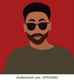 Portrait of a cartoon bearded african man in sunglasses looking at camera. Vector illustration