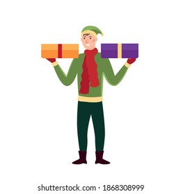 Portrait of a cartoon boy in an elf costume with gifts in his hands. Flat vector. The guy smiles happily and carries boxes in his hands. Merry Christmas! Happy New Year! Winter congratulations 