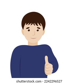 Portrait of a cartoon boy who shows thumb up, flat vector, isolate on white