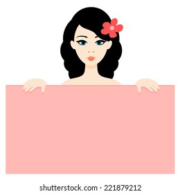 Portrait of the Cartoon Brunette Girl Holding the Board. Vector Illustration for Beauty and Health Care Themes, 