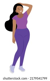 Portrait of a cartoon cheerful overweight dark-skinned girl isolated on white, flat vector, the girl stands with one hand behind her head