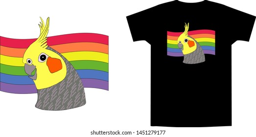 The portrait of a cartoon cockatiel in bright colors, LGBT flag on background. Cute doodle vector illustration for bird lovers. Print for trendy t shirt and apparel design, cards, stickers.