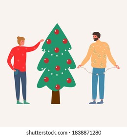 Portrait of a cartoon couple in warm holiday clothes decorating a Christmas tree together. vector in flat style. A man holds a garland and a woman puts toys on the branches. The couple is preparing 