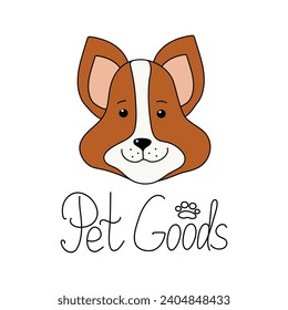 Portrait Cartoon Dog. Products, Pet food, drawing. Calligraphy, hand lettering. Paw print. Cute dog muzzle. Corgi breed. Banner, logo. Vector illustration on isolated background.