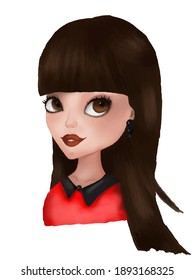 portrait of cartoon girl with bangs in the red shirt.