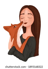 portrait of a cartoon girl with a Fox in her arms.