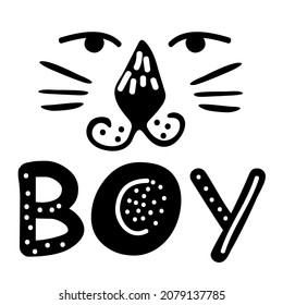 Portrait of cartoon hand drawn tiger for the design in scandinavian style. Black and white. Perfect for childish print, t-shirt, apparel, cards, poster, nursery decoration. Boy Illustration