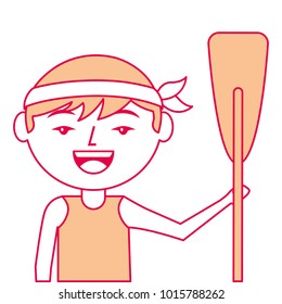 portrait cartoon man chinese with wooden oar