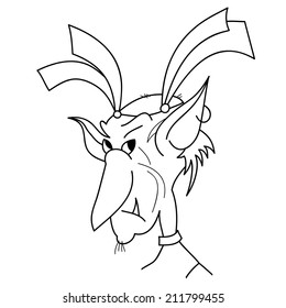 Portrait of cartoon monster with headgear frowning at you, sketch illustration.