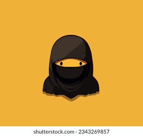 Portrait of a cartoon ninja in a black bandage on an orange background. Vector illustration