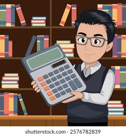 Portrait of cartoon positive accountant in glasses with huge calculator in hands against background of shelves with books, flat style, isolated on white