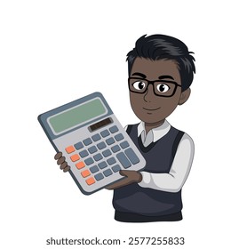 Portrait of cartoon positive accountant in glasses holding huge calculator, african american, flat style, isolated on white