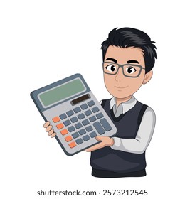 Portrait of cartoon positive accountant guy in glasses with huge calculator in hands, flat style, isolate on white