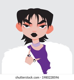 Portrait of a cartoon rock girl. Vector illustration serious brunette. Female emotions. Colorful clipart. All elements are isolated.