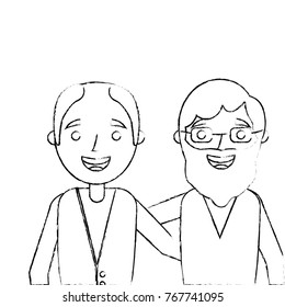 portrait cartoon of two old men embraced friends together