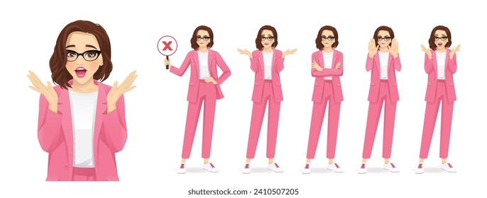 Portrait of casual beautiful business woman showing negative emotions with different gestures set isolated vector illustration