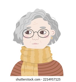 Portrait of a casual European woman with curly grey hairstyle. Vector flat illustration of an old lady in glasses looking sideways. Elderly in striped scarf. Drawn cartoon avatar for social network.